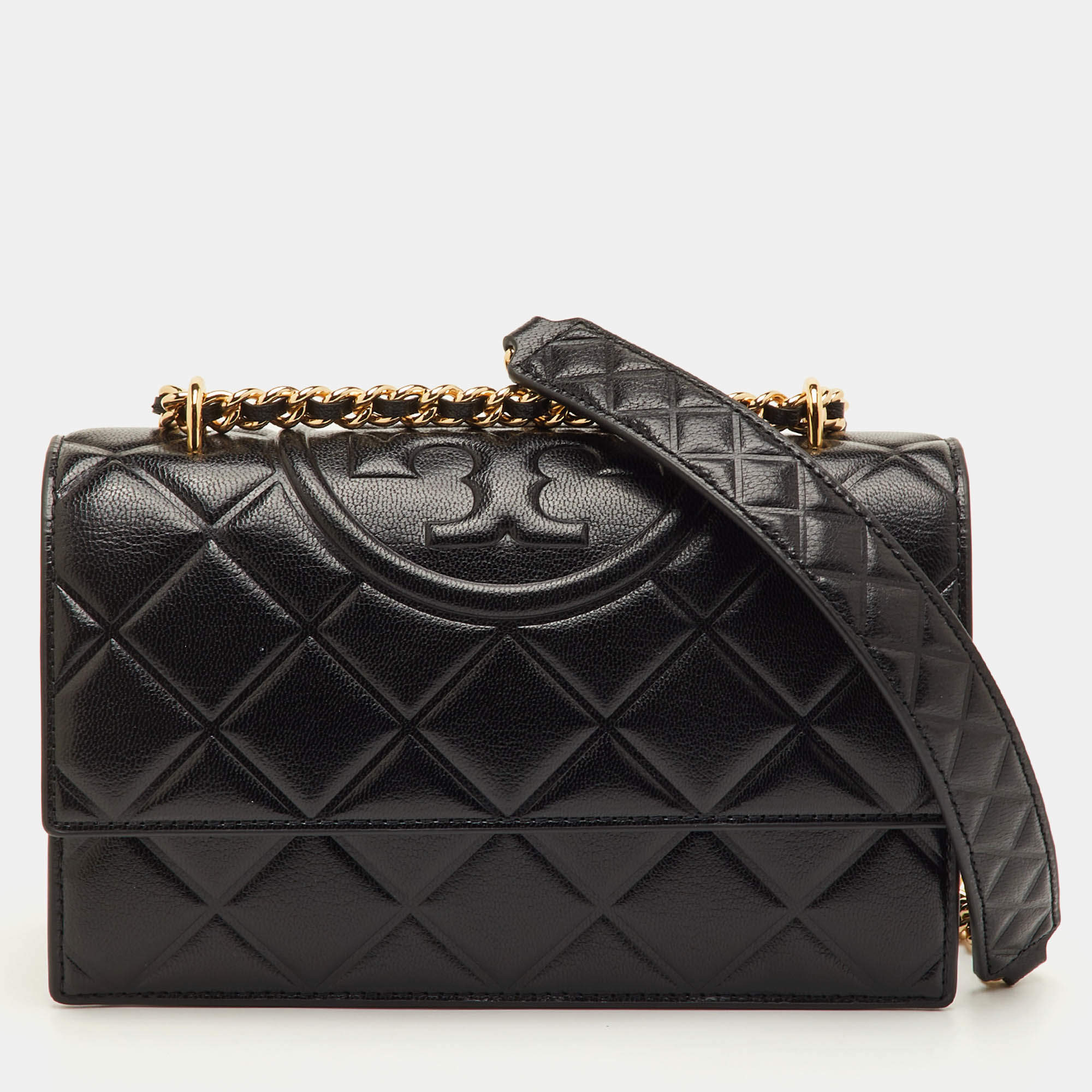 Pre Owned Tory Burch Fleming Small Black Leather Convertible Shoulder Bag