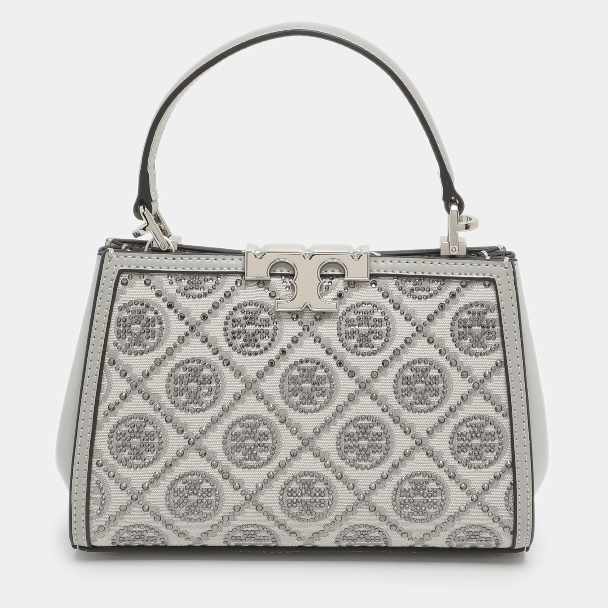 Pre Owned Tory Burch Eleanor Mini Grey Fabric and Leather Top Handle Bag