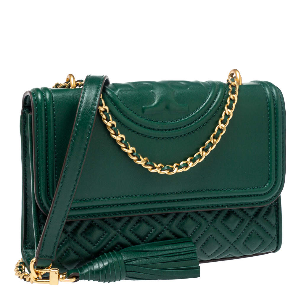 Tory Burch Fleming Green Quilted Wallet Crossbody Bag