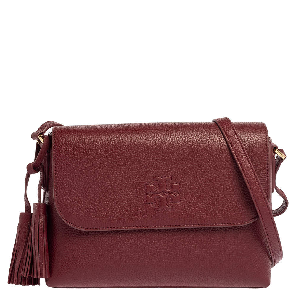 Pre Owned Tory Burch Garnet Red Leather Thea Messenger Bag