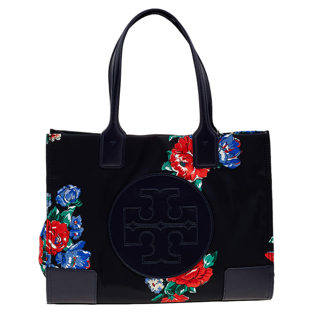 Tory Burch Black/Navy Blue Floral Print Nylon and Leather Ella Tote ...