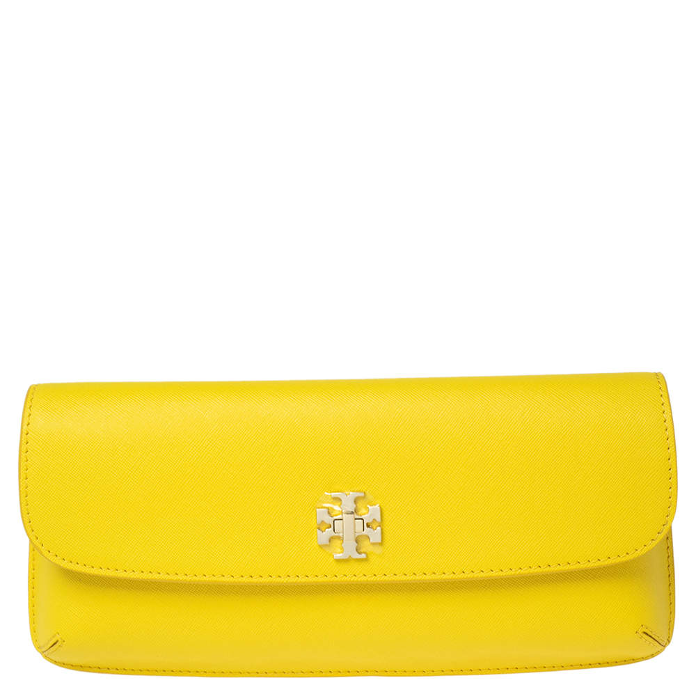 Pre Owned Tory Burch Yellow Leather Slim Diana Flap Clutch