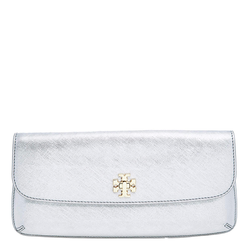 Pre Owned حقيبة كلتش توري برش قلاب ديانا رفيعة جلد فضي