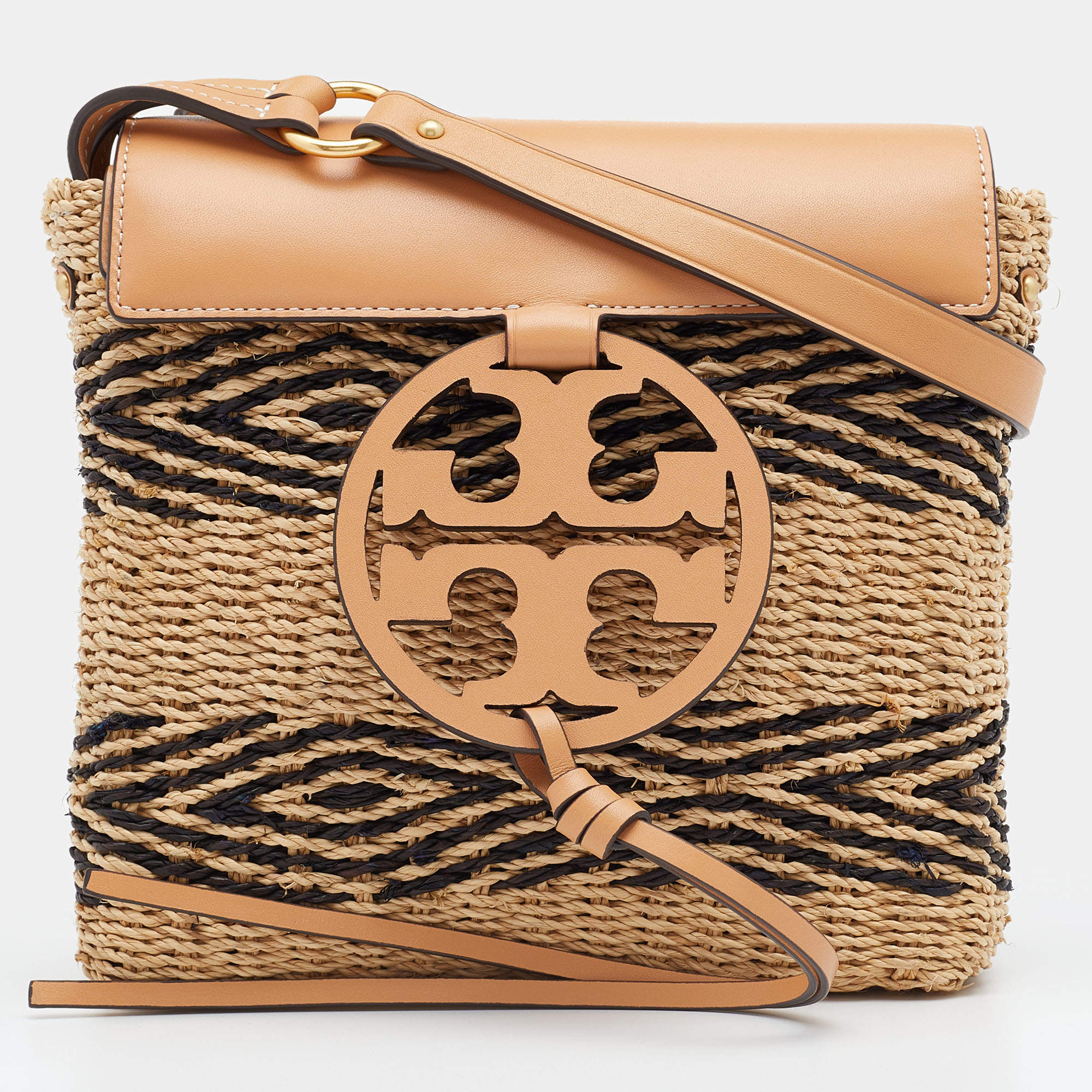 Tory Burch Beige/Black Leather And Stripe Straw Miller Flap Crossbody Bag