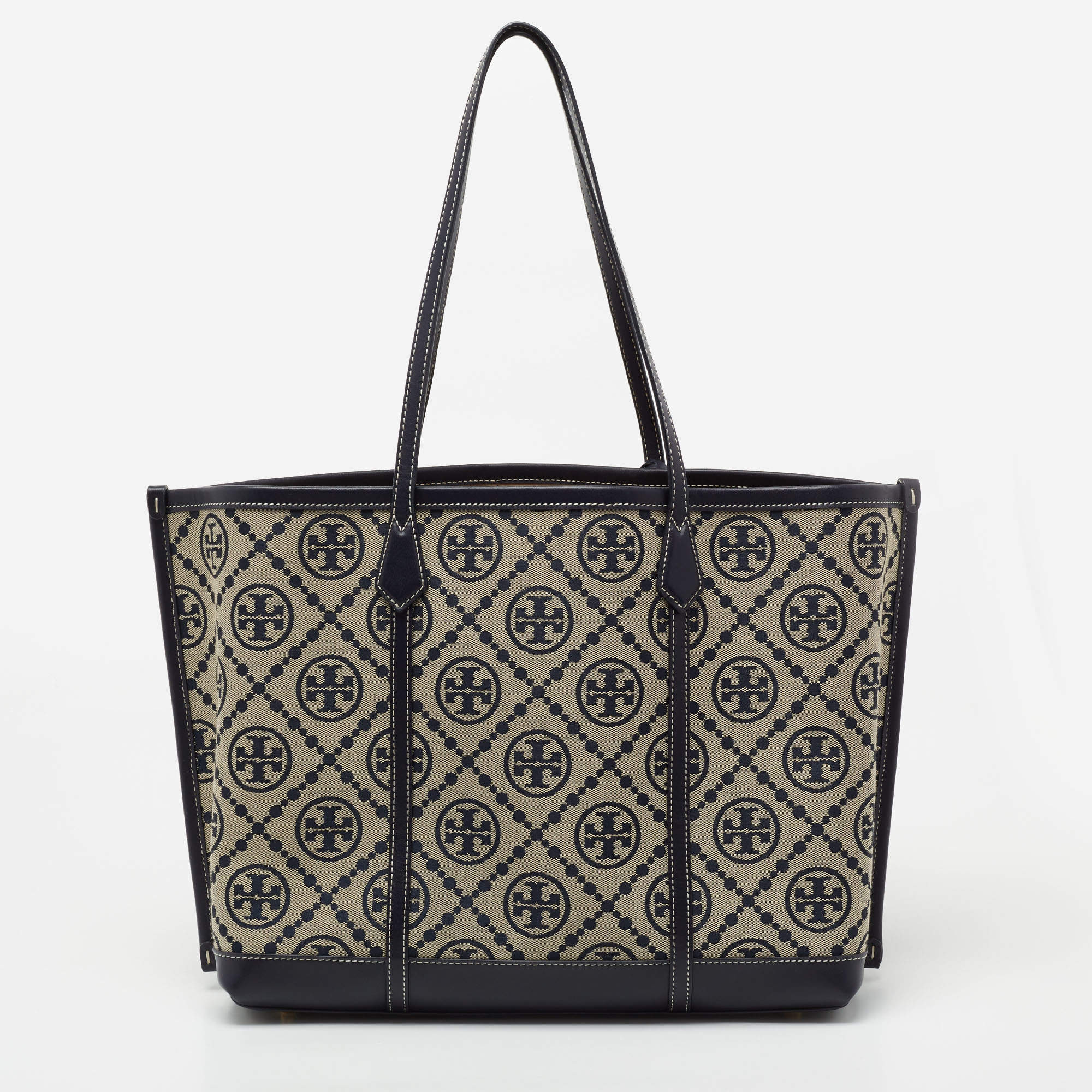 Tory Burch Navy Blue /Beige Perry T Monogram Jacquard Tote Tory Burch | TLC