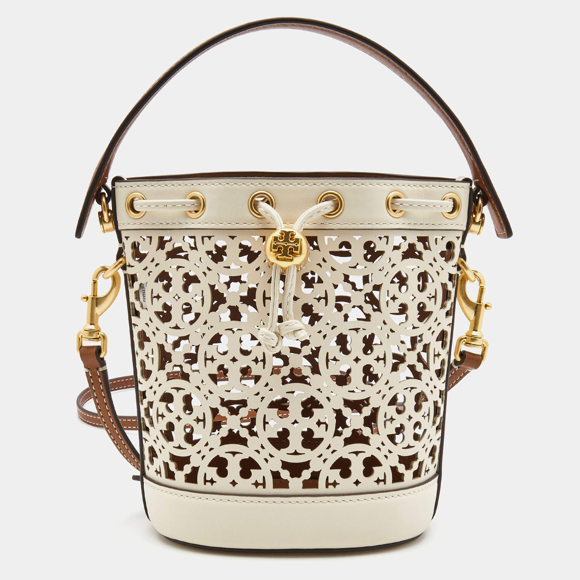 Pre Owned Tory Burch White/Brown Leather Monogram T Laser Cut Bucket Bag