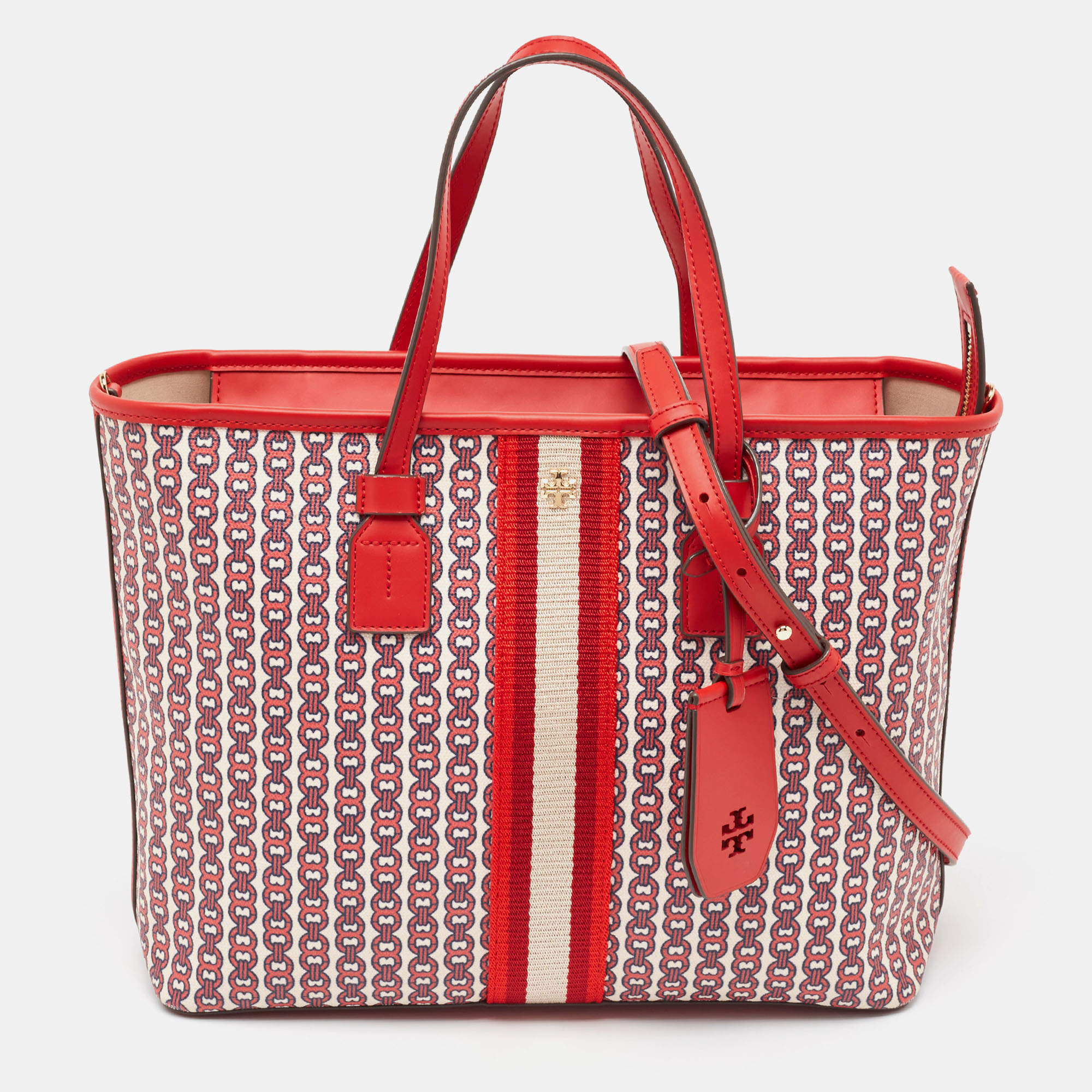 Pre Owned Tory Burch Red Coated Canvas and Leather Gemini Link Top Zip Tote