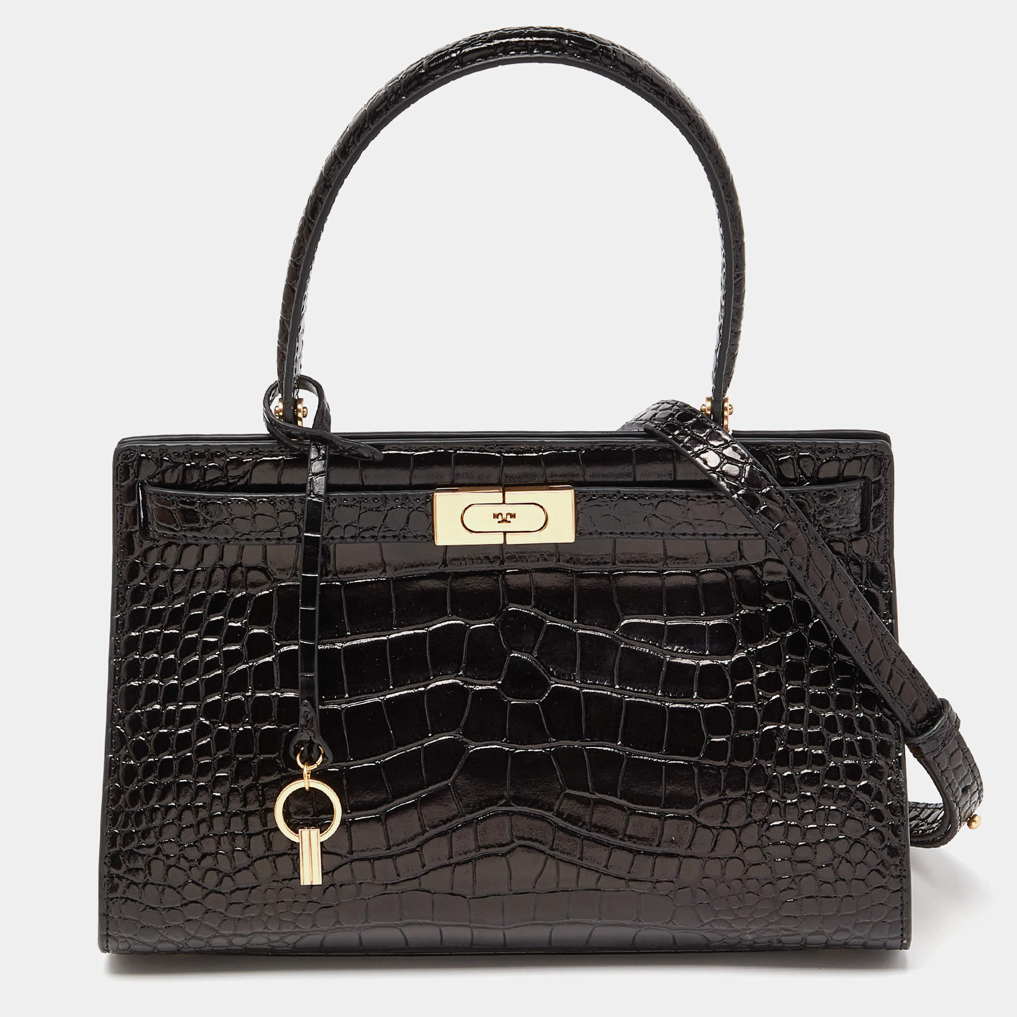 Pre Owned Tory Burch Black Croc Embossed Leather and Suede Small Lee Radziwill Bag