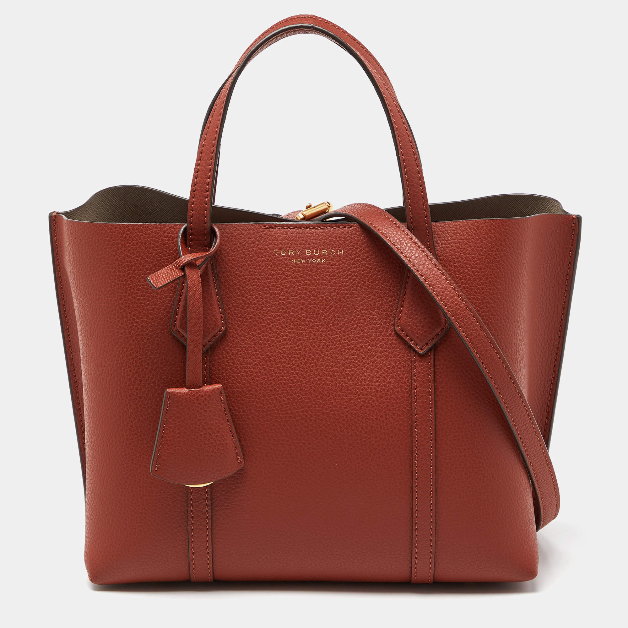 Pre Owned Tory Burch Brown Leather Small Perry Triple-Compartment Tote 