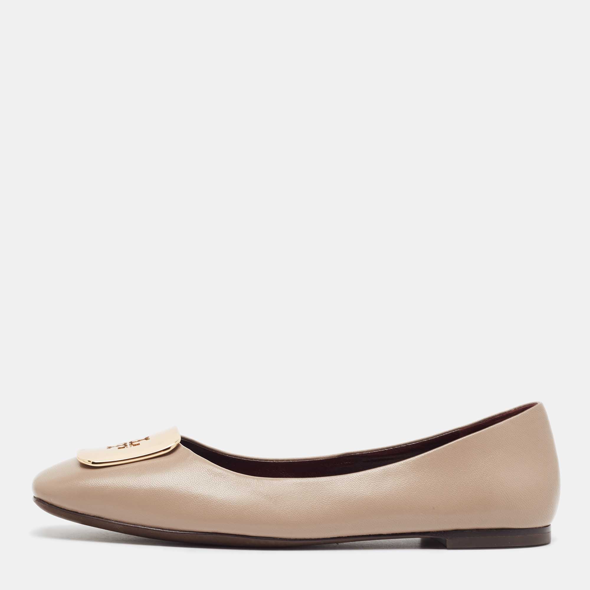Pre Owned Tory Burch Brown Leather Ballet Flats Size 38