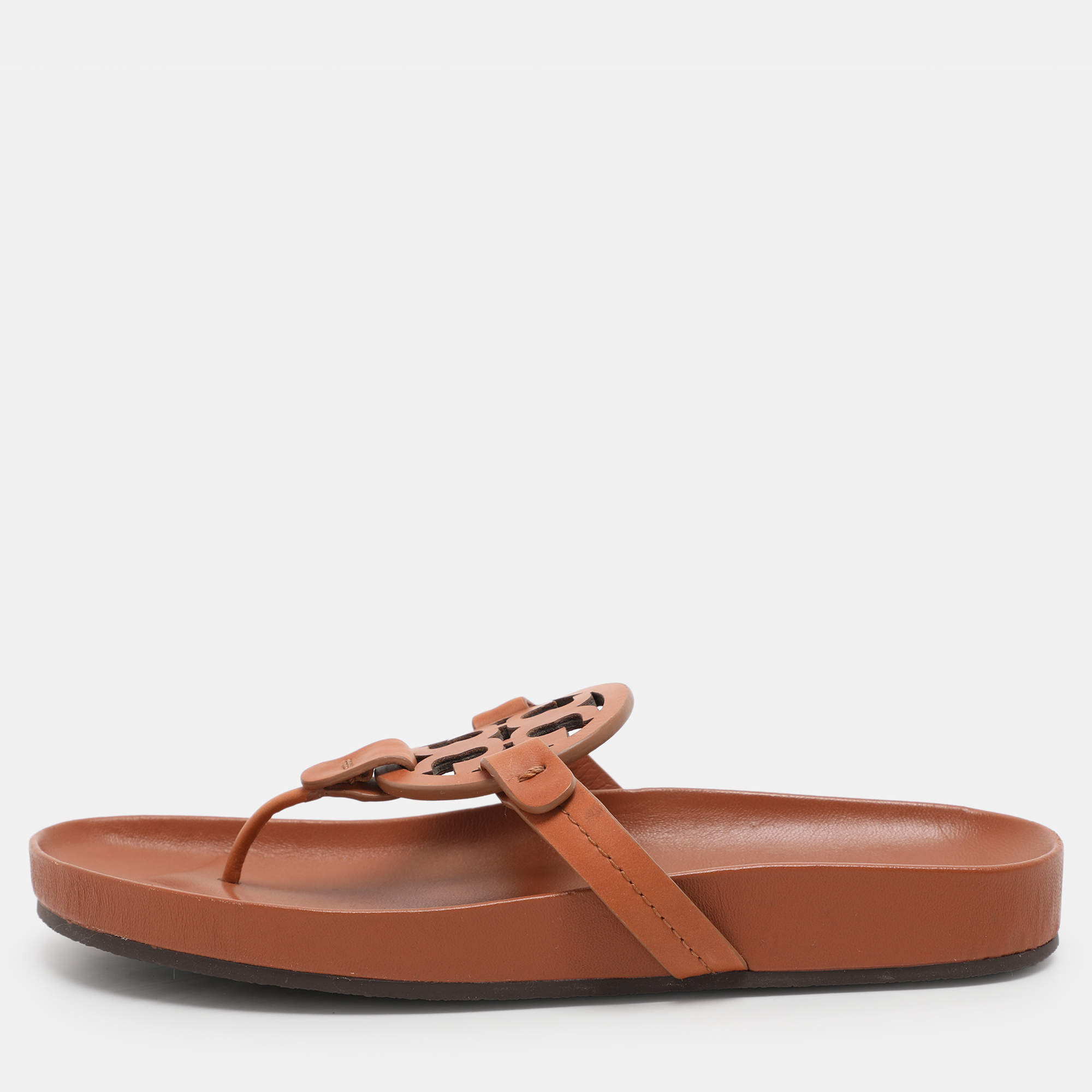 Pre Owned Tory Burch Brown Leather Miller Cloud Flip Flops Size 37.5