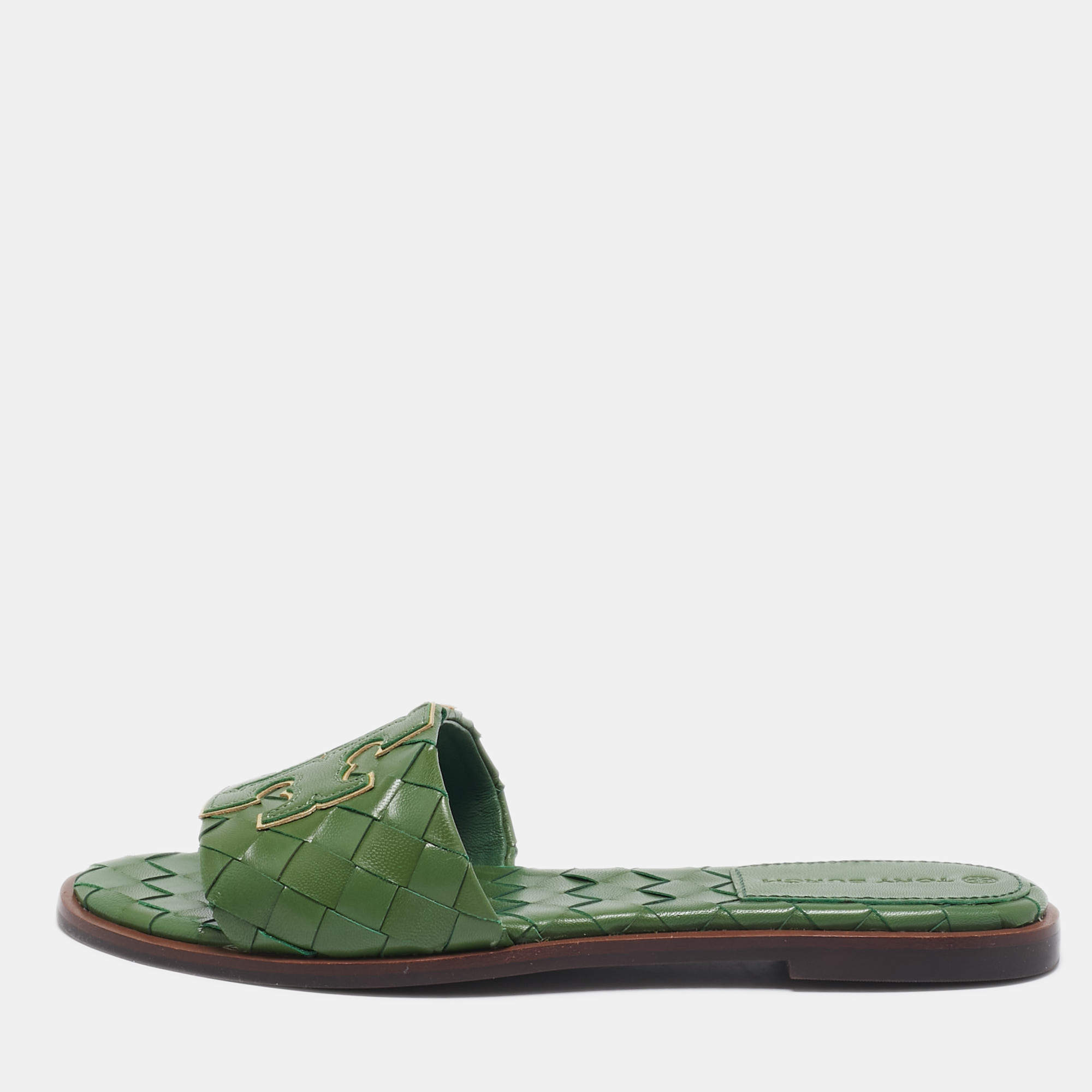 Pre Owned Tory Burch Green Intrecciato Leather Ines Flat Slides Size 38.5