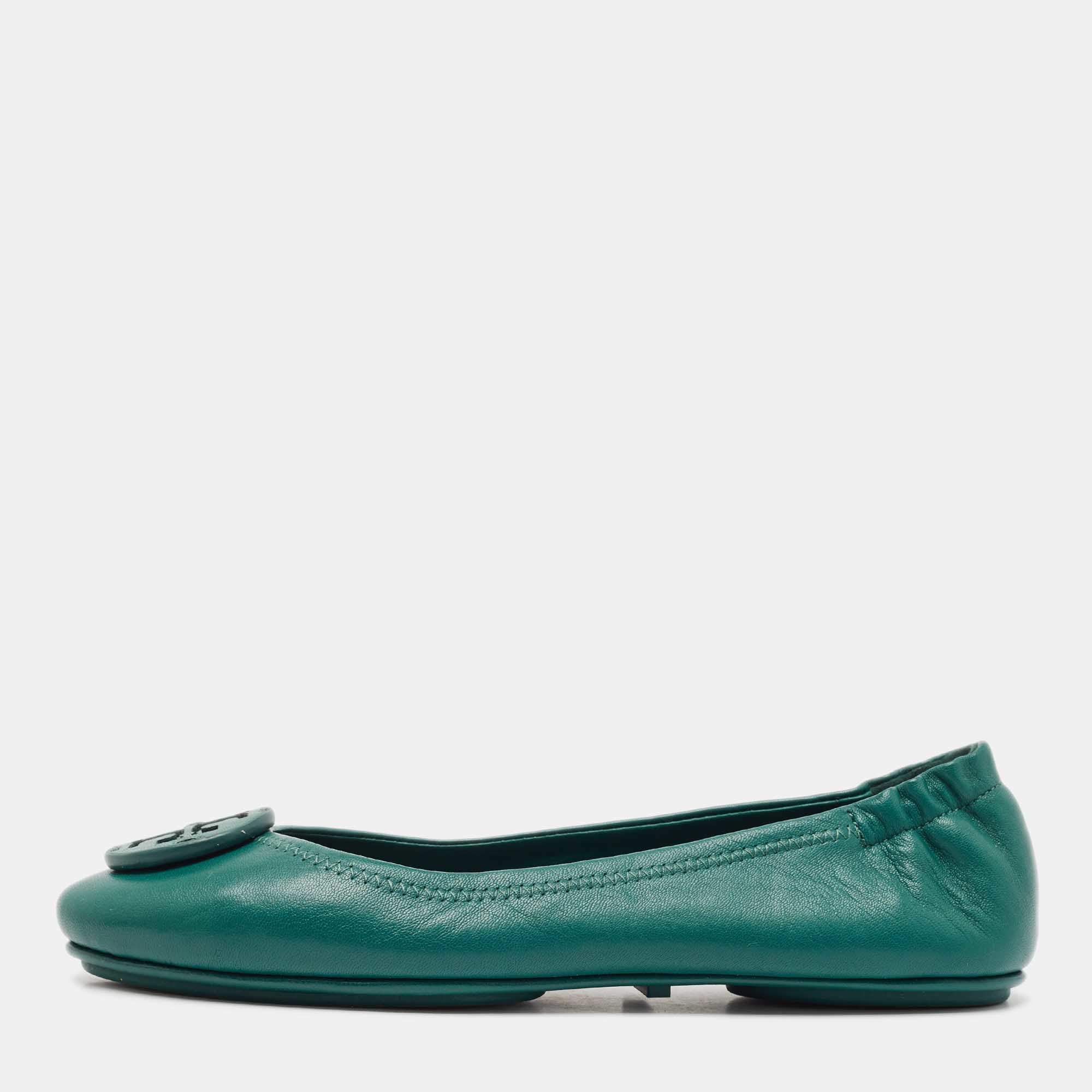 Pre Owned Tory Burch Green Leather Minnie Travel Ballet Flats Size 38.5