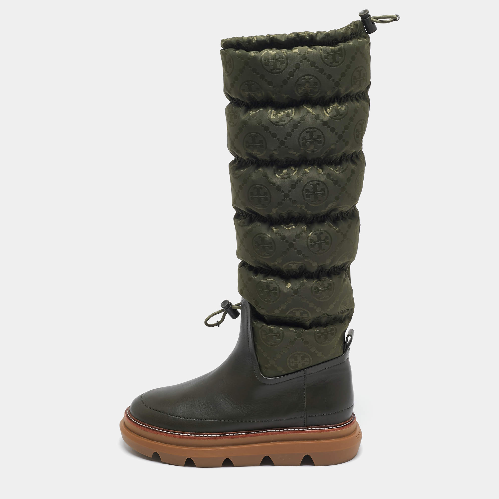 Pre Owned Tory Burch Green Leather and Nylon Leccio Snow Boots Size 39.5