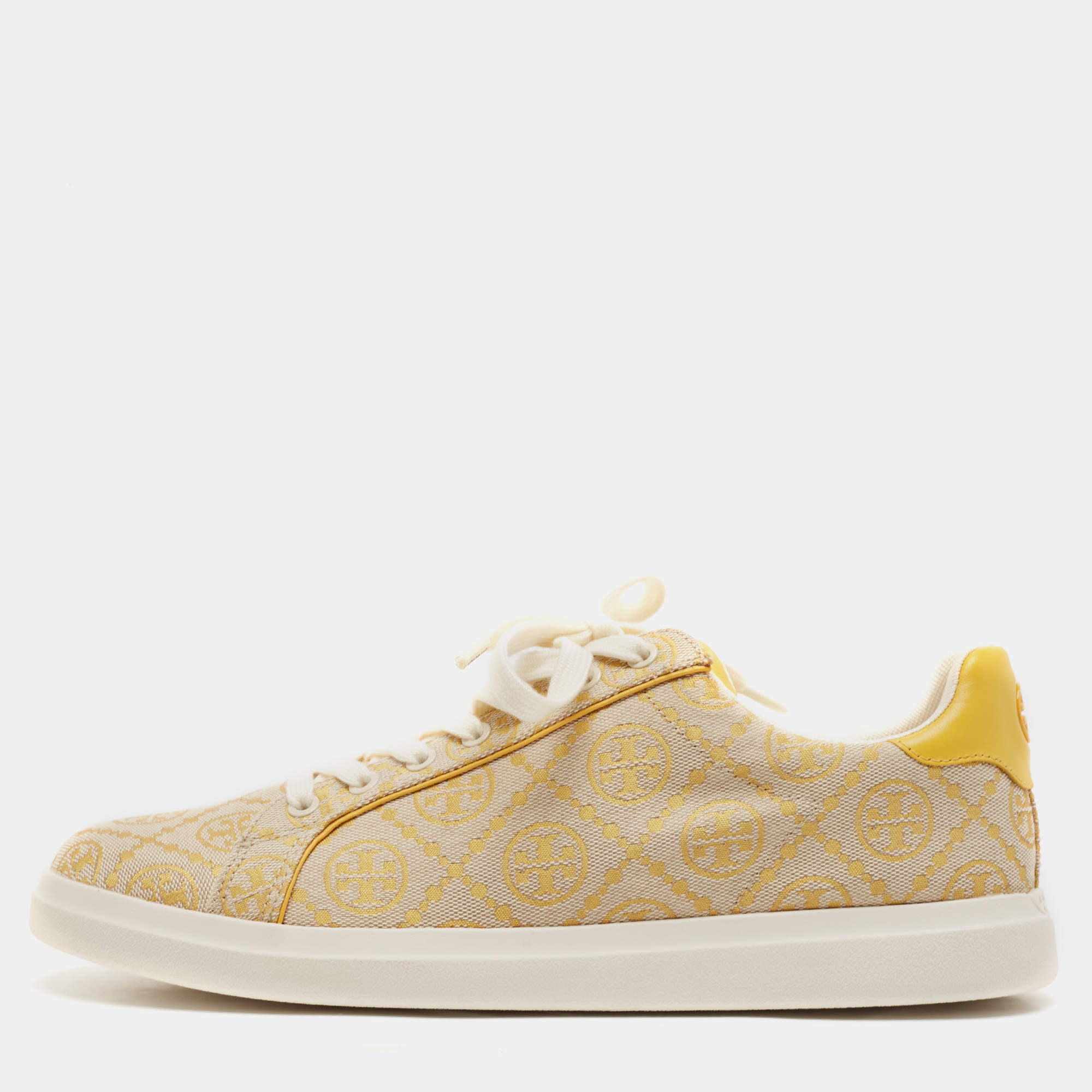 Tory Burch Yellow Jacquard and Leather T Monogram Lace Up Sneakers Size 40.5