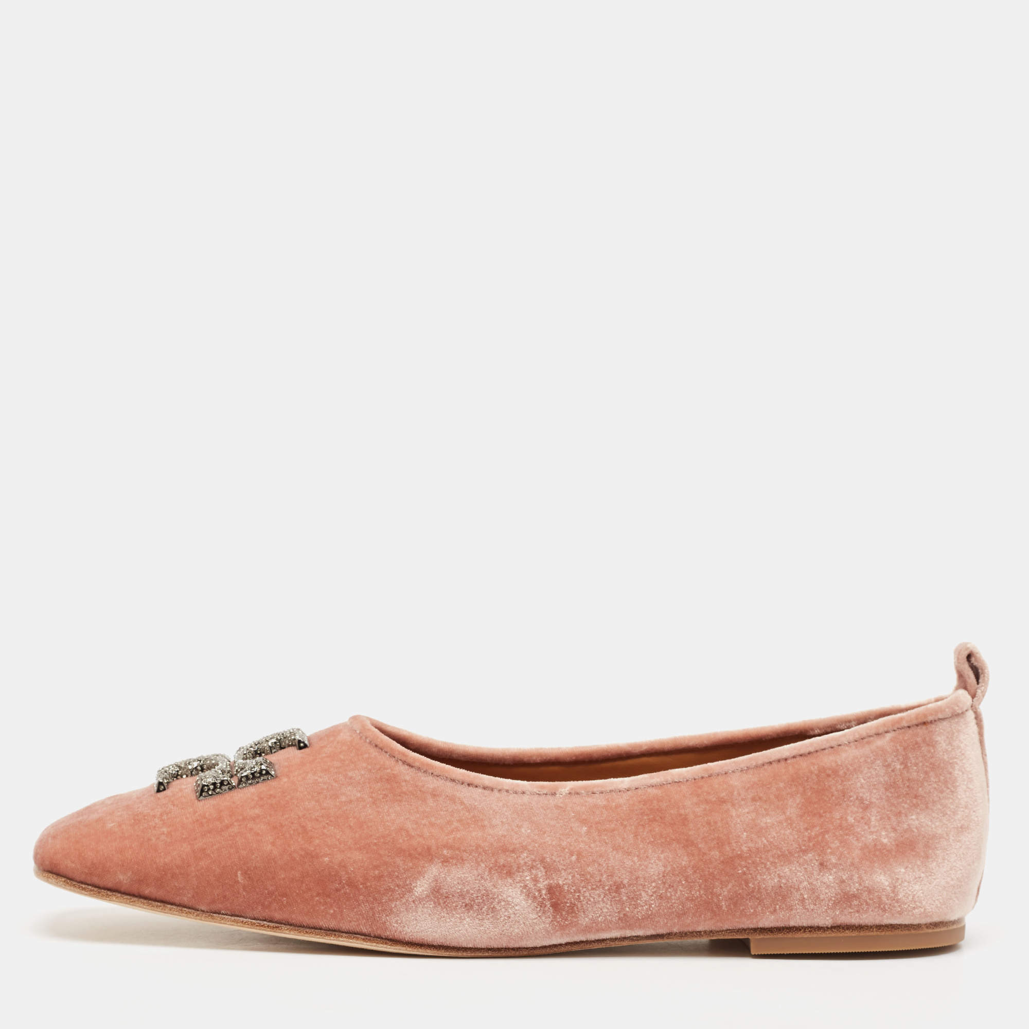 Pre Owned Tory Burch Peach Pink Velvet Eleanor Crystal Ballet Flats Size 41