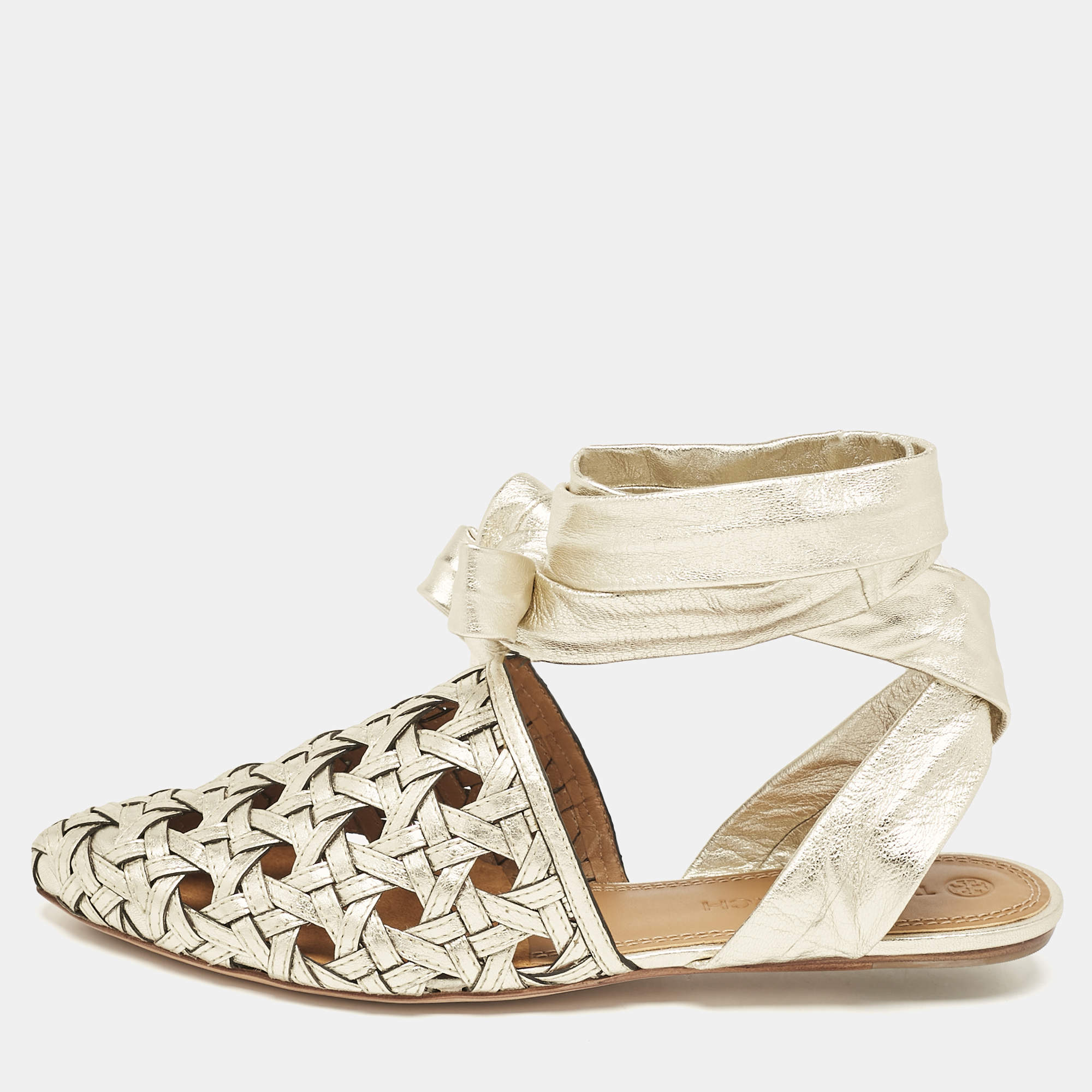 Pre Owned Tory Burch Gold Basket Weave Leather Ankle Wrap Flats Size 38.5