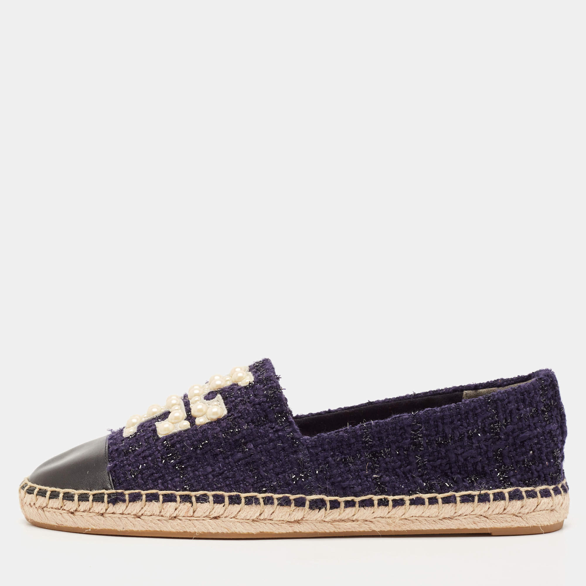 Pre Owned Tory Burch Navy Blue Tweed And Leather Espadrilles Flats Size 38