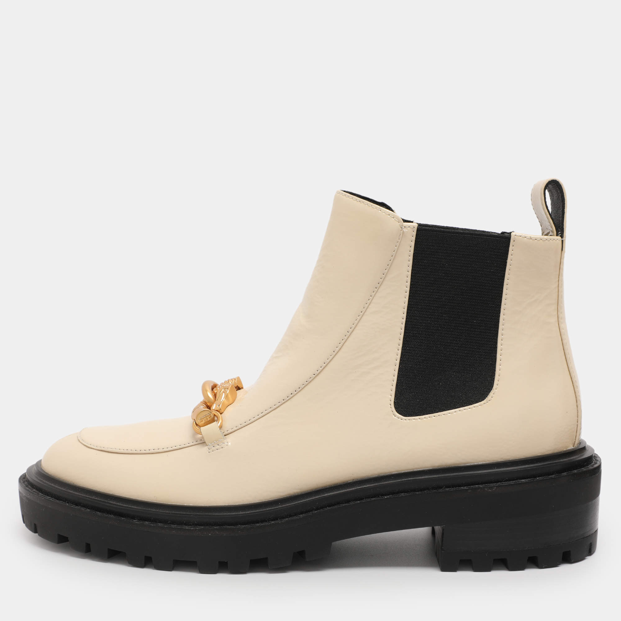 Pre Owned Tory Burch Cream Elastane and Patent Leather Jessa Chelsea Mid Calf Boots Size 38.5