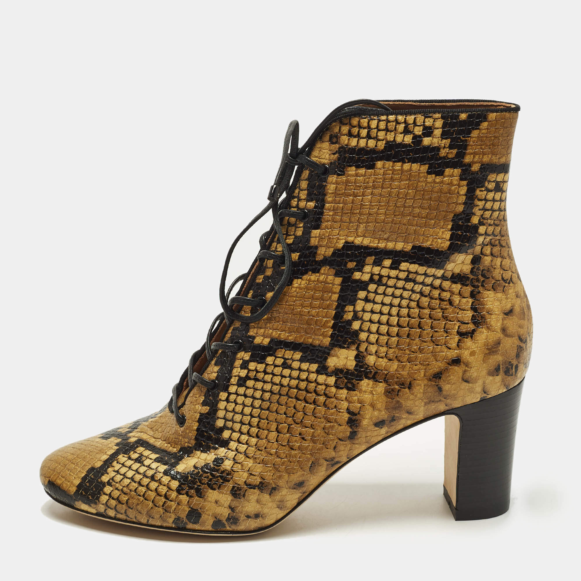 Pre Owned حذاء بوت الكاحل توري برش جلد منقوش بنمط ثعبان ذهبي/أسود مقاس 37.5