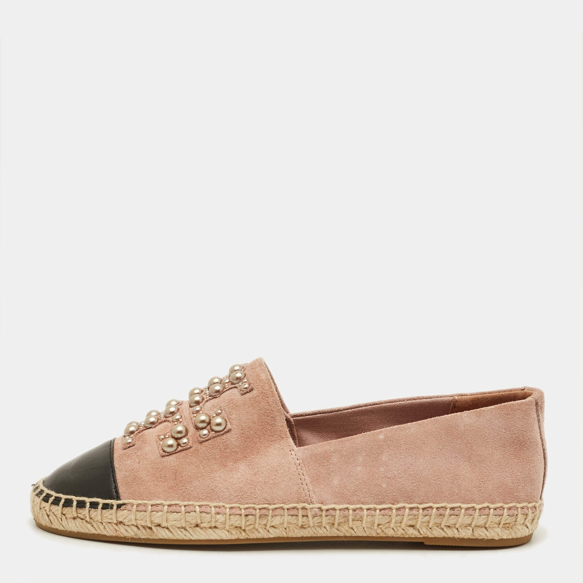 Pre Owned حذاء فلات إسبادريل بشعار لؤلؤي توري برش جلد وزبد لون زهري/أسود مقاس 35