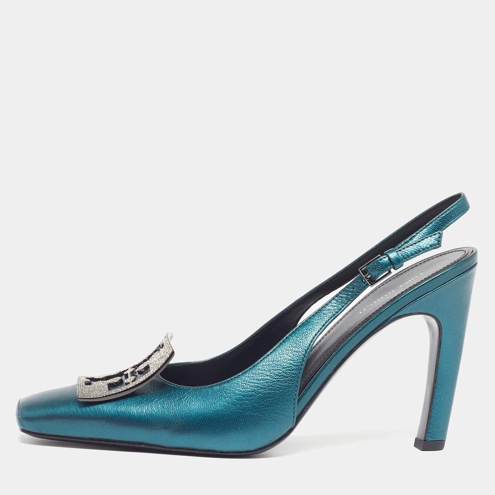 Pre Owned Tory Burch Pave Size 39 Teal Green Metallic Leather Slingback Pumps