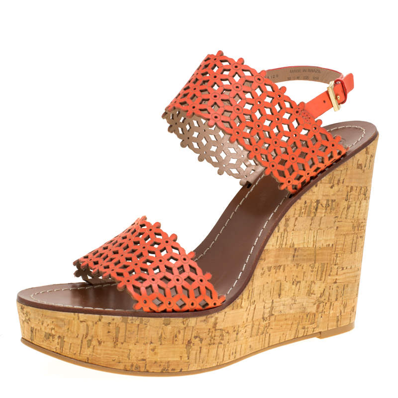 Tory Burch Coral Red Perforated Leather Daisy Cork Wedge Sandals Size  Tory  Burch | TLC