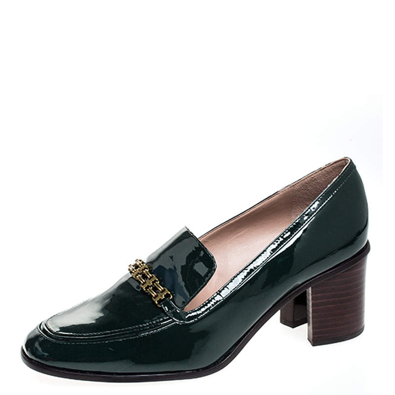 Pre Owned Tory Burch Green Patent Leather Gemini Link Loafer Pumps Size 39
