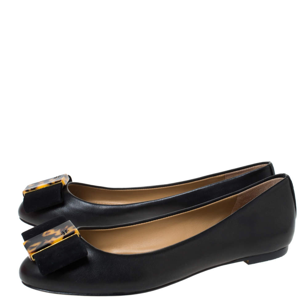 Tory Burch Black Leather Tortoise Bow Chase Ballet Flats Size 36 Tory Burch  | TLC