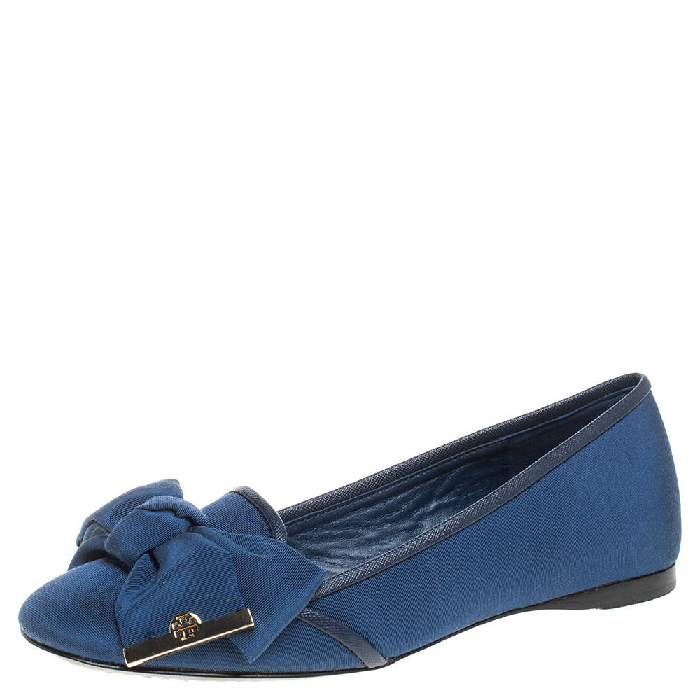 Pre Owned Tory Burch Blue Canvas Penny Smoking Flats Size 35.5