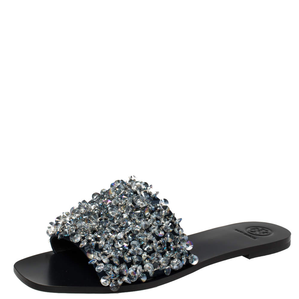 Pre Owned Tory Burch Blue Satin Logan Slide Sandals Size 40