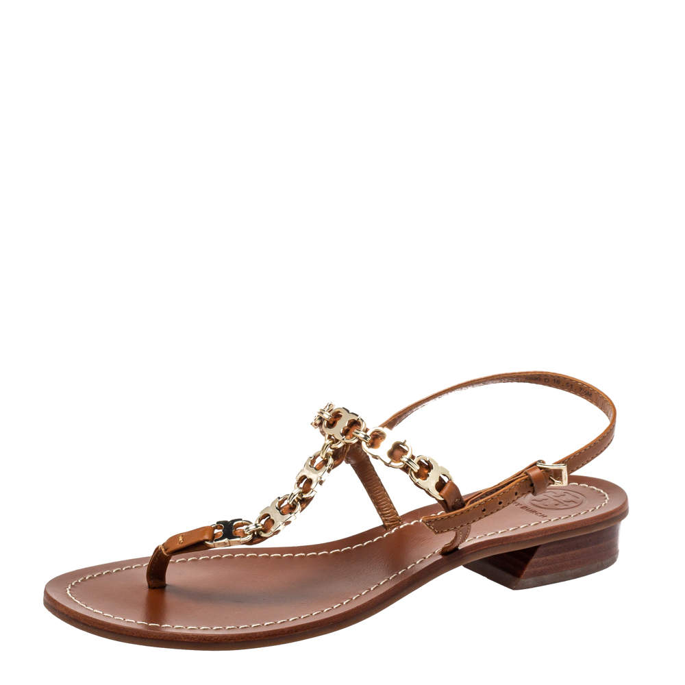 Tory Burch Brown Leather Gemini Link Detail Flat Sandals Size 37.5