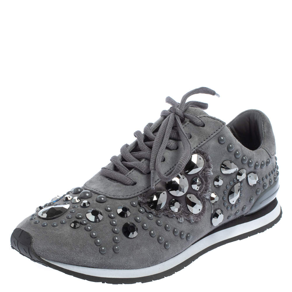 Pre Owned Tory Burch Grey Suede Scarlett Crystal Embellished Sneakers Size 37.5