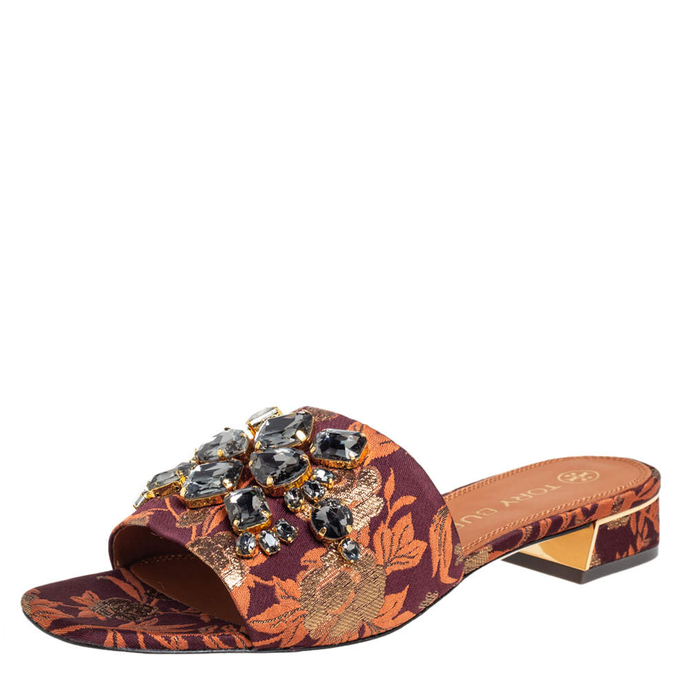 Tory Burch Brown Fabric Crystal Embellished Martine Slide Sandals Size 38.5