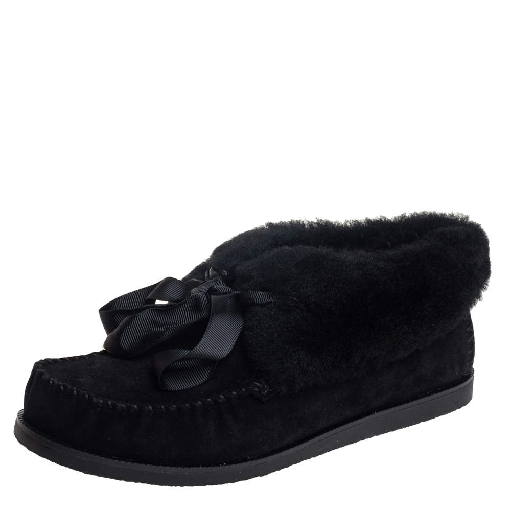 Pre Owned Tory Burch Black Suede and Shearling Aberdeen Sneaker Size 37.5