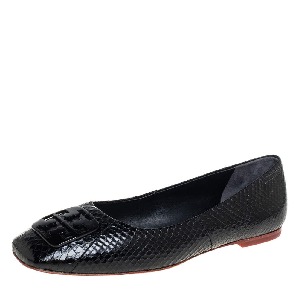 Pre Owned Tory Burch Black Python Georgia Flats Size 37