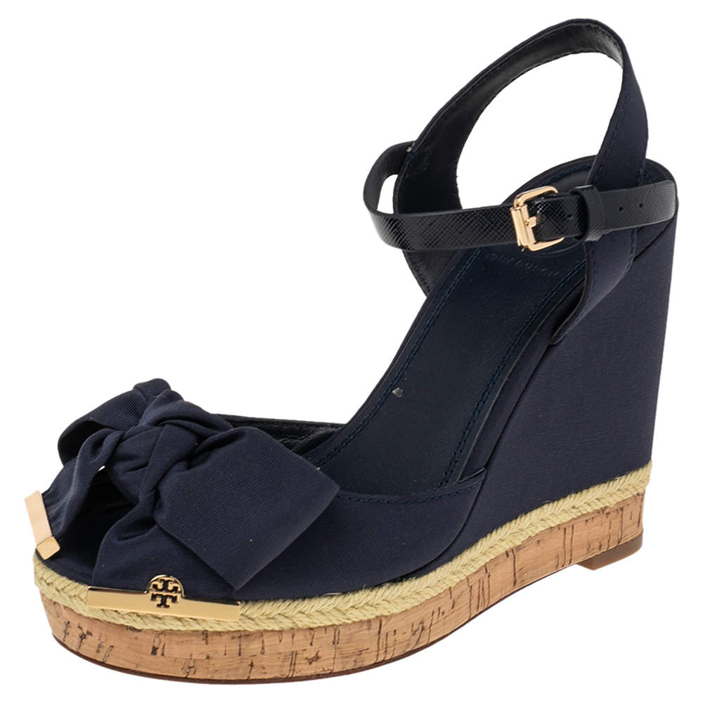 Pre Owned  Tory Burch Blue Canvas  Espadrille Wedge Ankle Strap Sandals Size 36