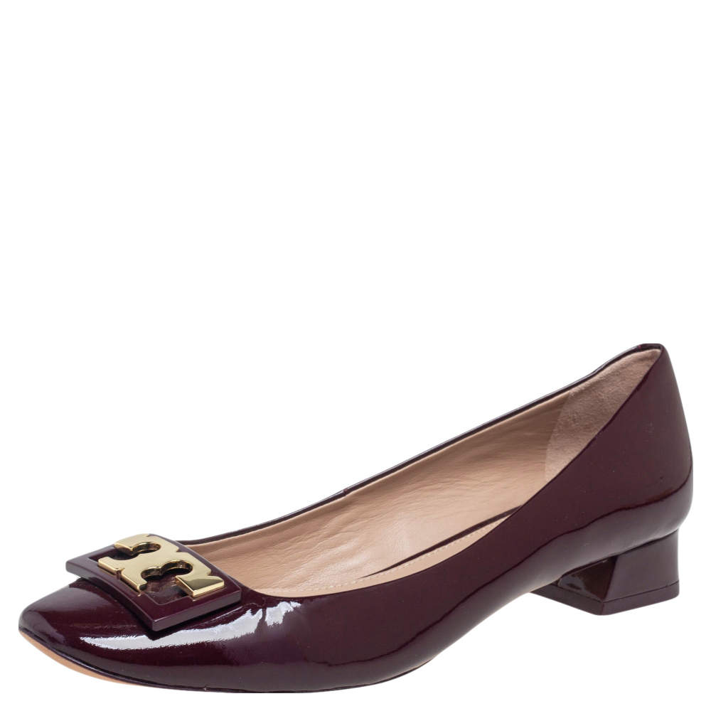 Pre Owned Tory Burch Maroon Patent Leather Gigi Pumps Size 37.5