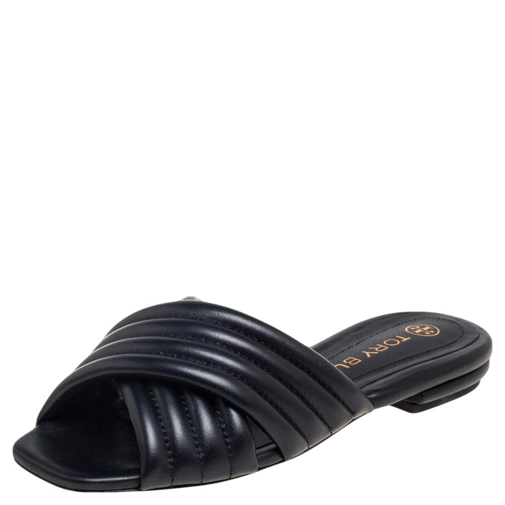 Tory Burch Black Quilted Leather Kira Flat Slide Sandals Size 37 Tory Burch  | TLC