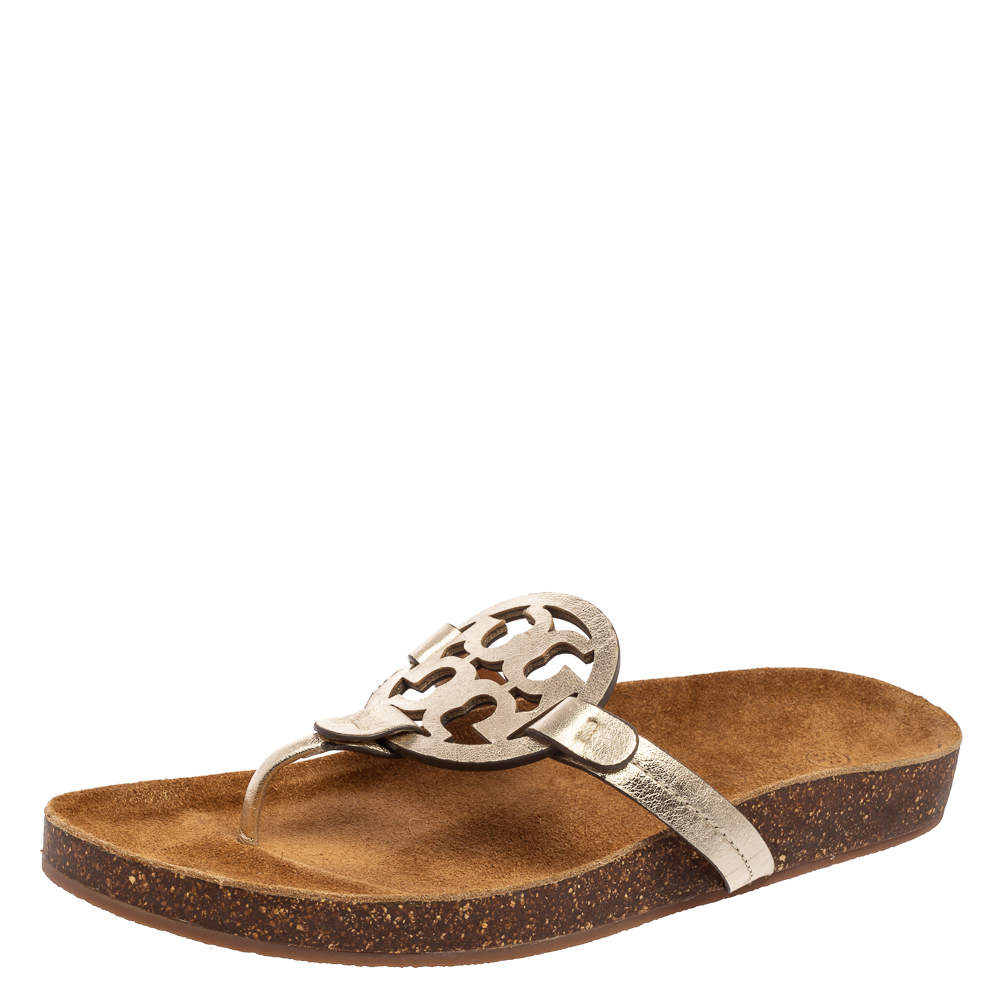 Pre Owned Tory Burch Metallic Leather Miller Cloud Cork Sandals Size 40