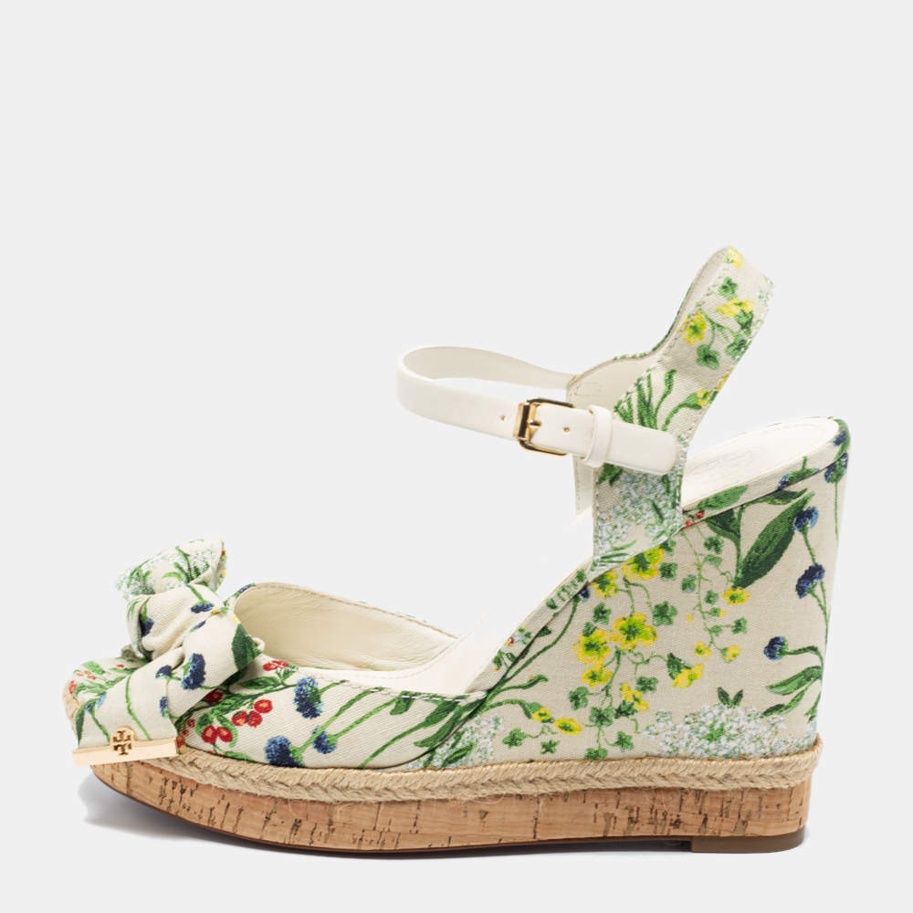 Pre Owned Tory Burch Multicolor Printed Canvas Bow Wedge Ankle-Strap Sandals Size 40.5