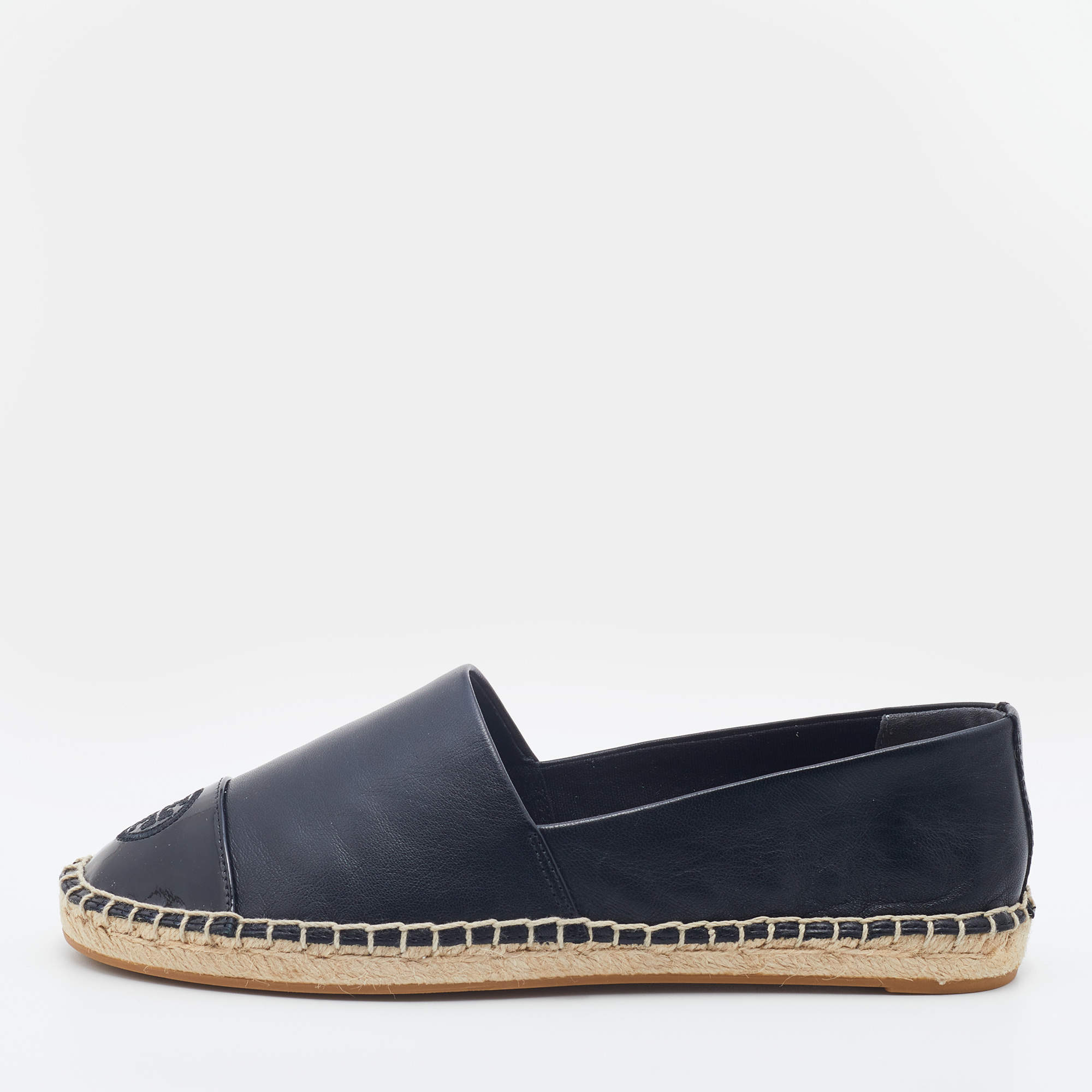 Pre Owned Tory Burch Black Patent and Leather Flat Espadrilles Size 37.5