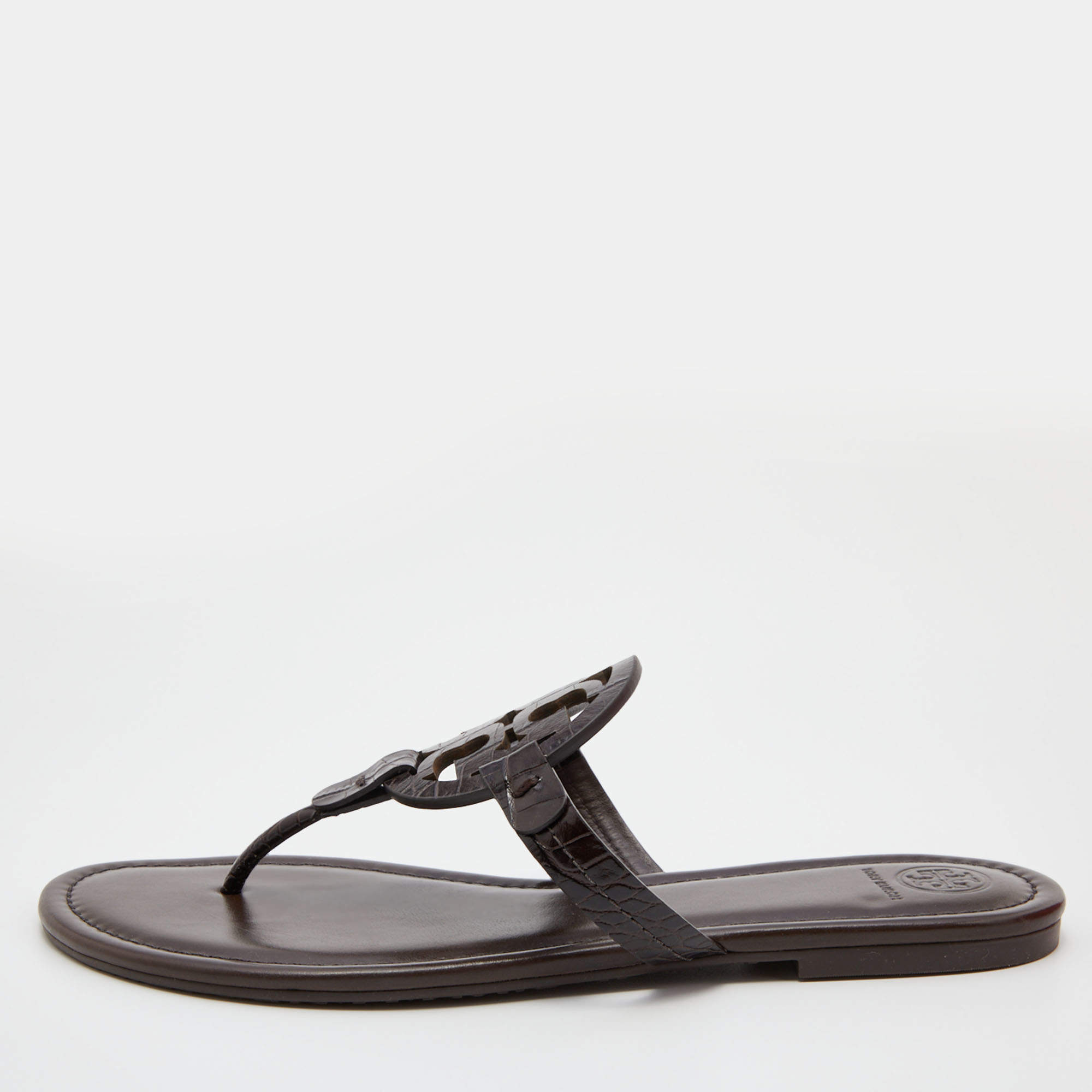 Pre Owned Tory Burch Dark Brown Croc Embossed Leather Logo Miller Thong Flats Size 40.5