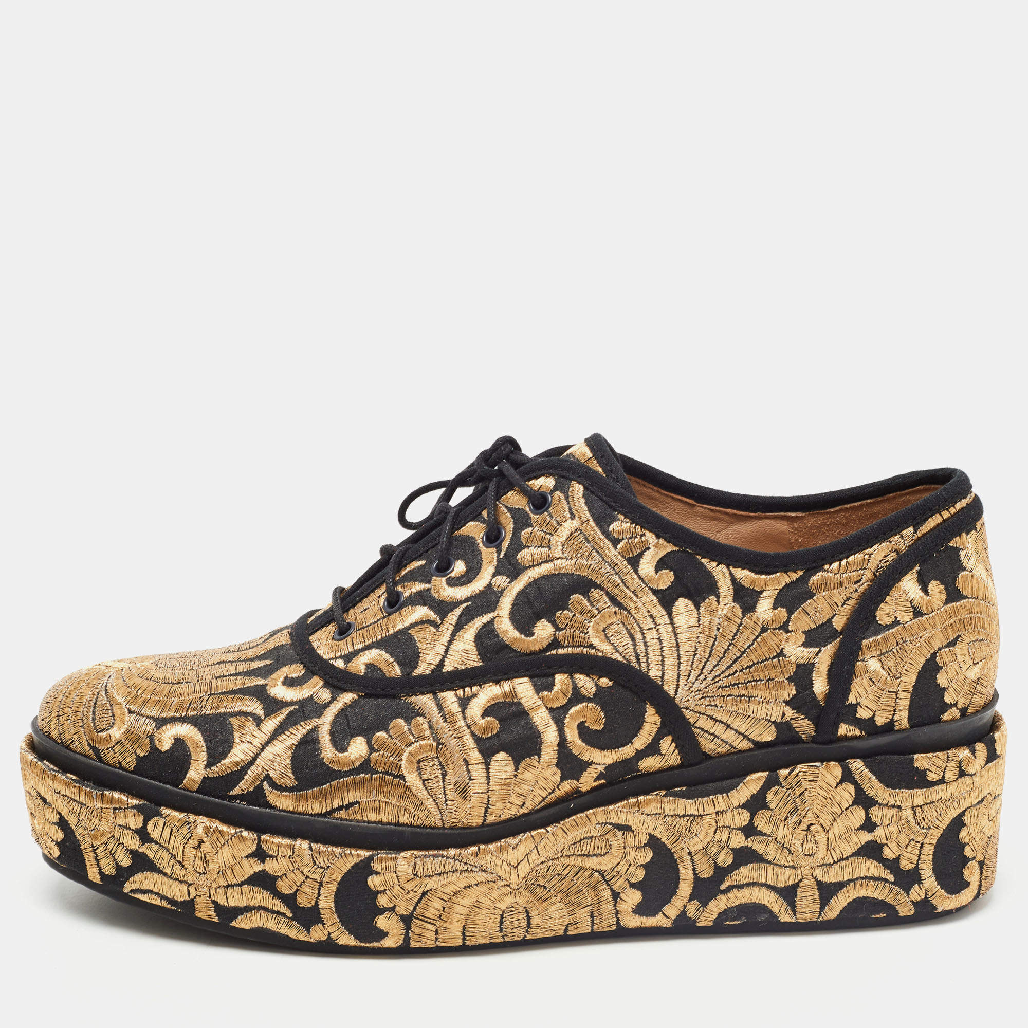 Pre Owned Tory Burch Gold/Black Brocade Fabric Arden Platform Oxfords Size 39