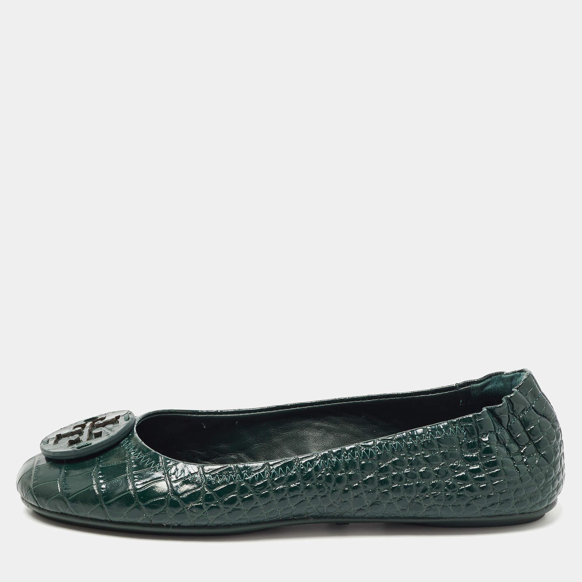 Pre Owned Tory Burch Green Croc Embossed Leather Minnie Travel Ballet Flats Size 38