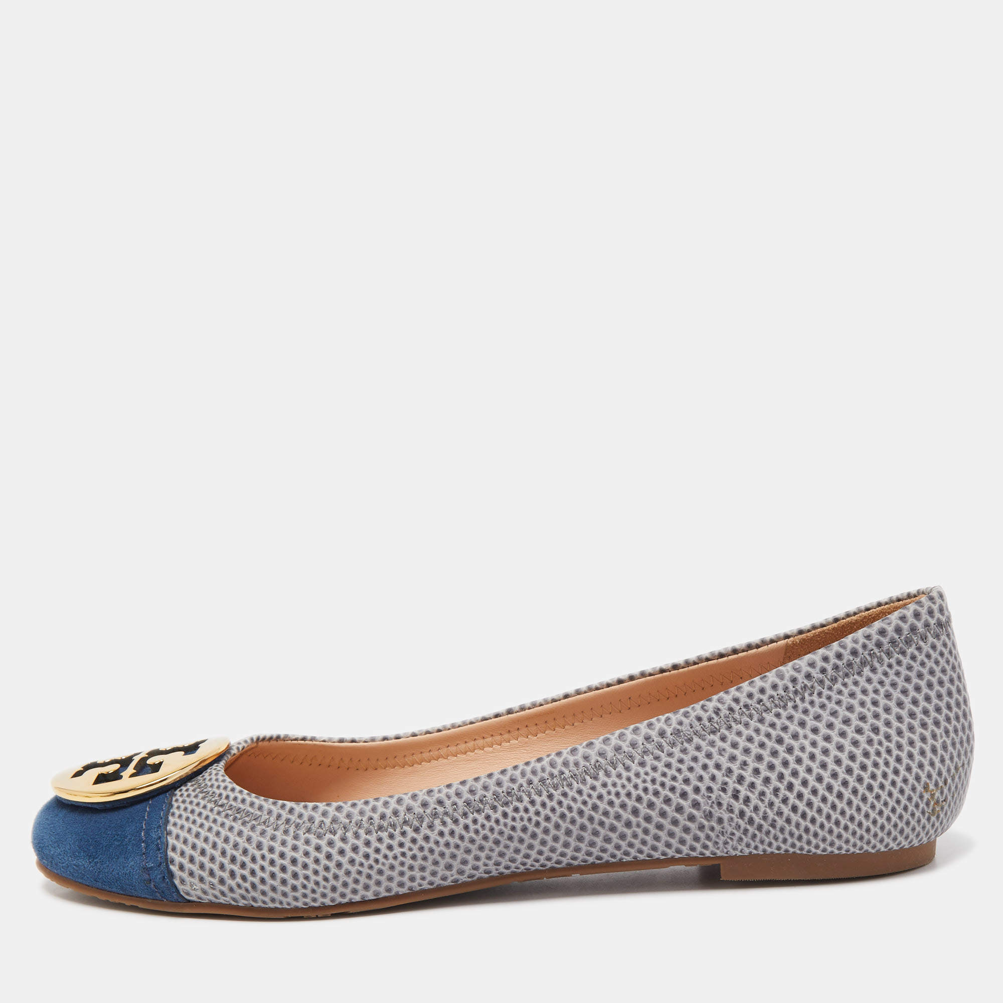 Pre Owned Tory Burch Blue/Grey Textured Leather and Suede Reva Ballet Flats Size 39.5