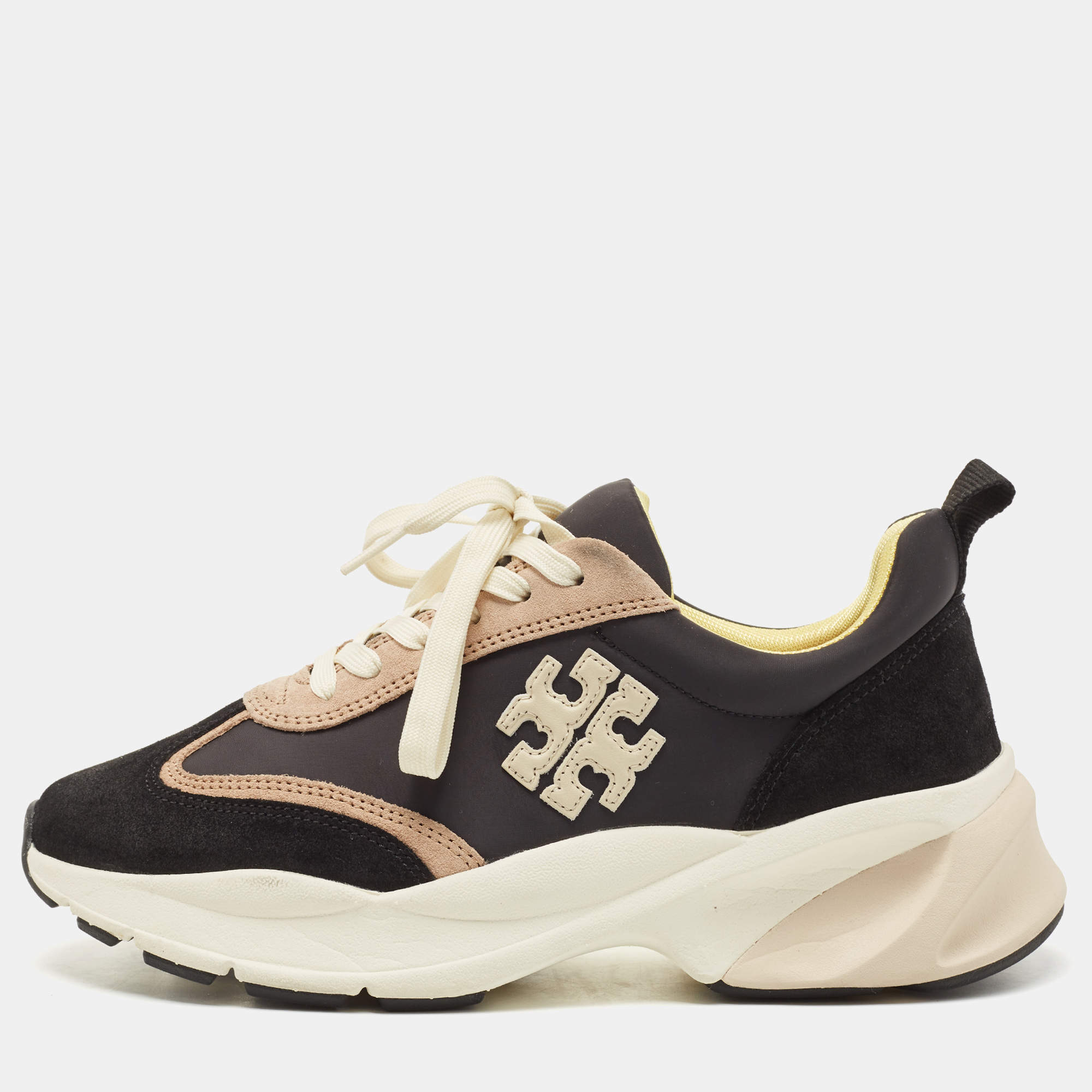 Pre Owned Tory Burch Black/Cream Suede and Fabric Good Luck Low Top Sneakers Size 39