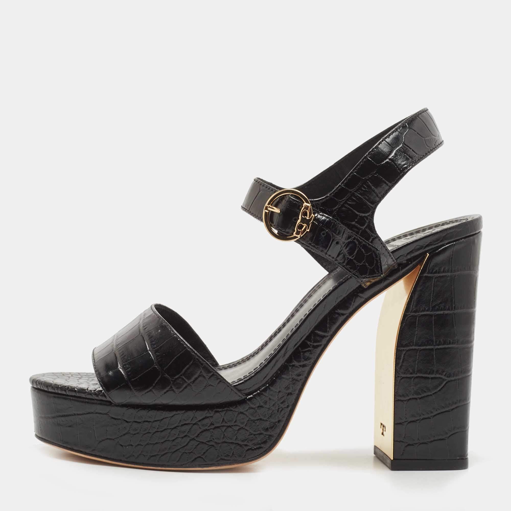 Pre Owned Tory Burch Black Croc Embossed Leather Block Heel Ankle Strap Sandals Size 38.5