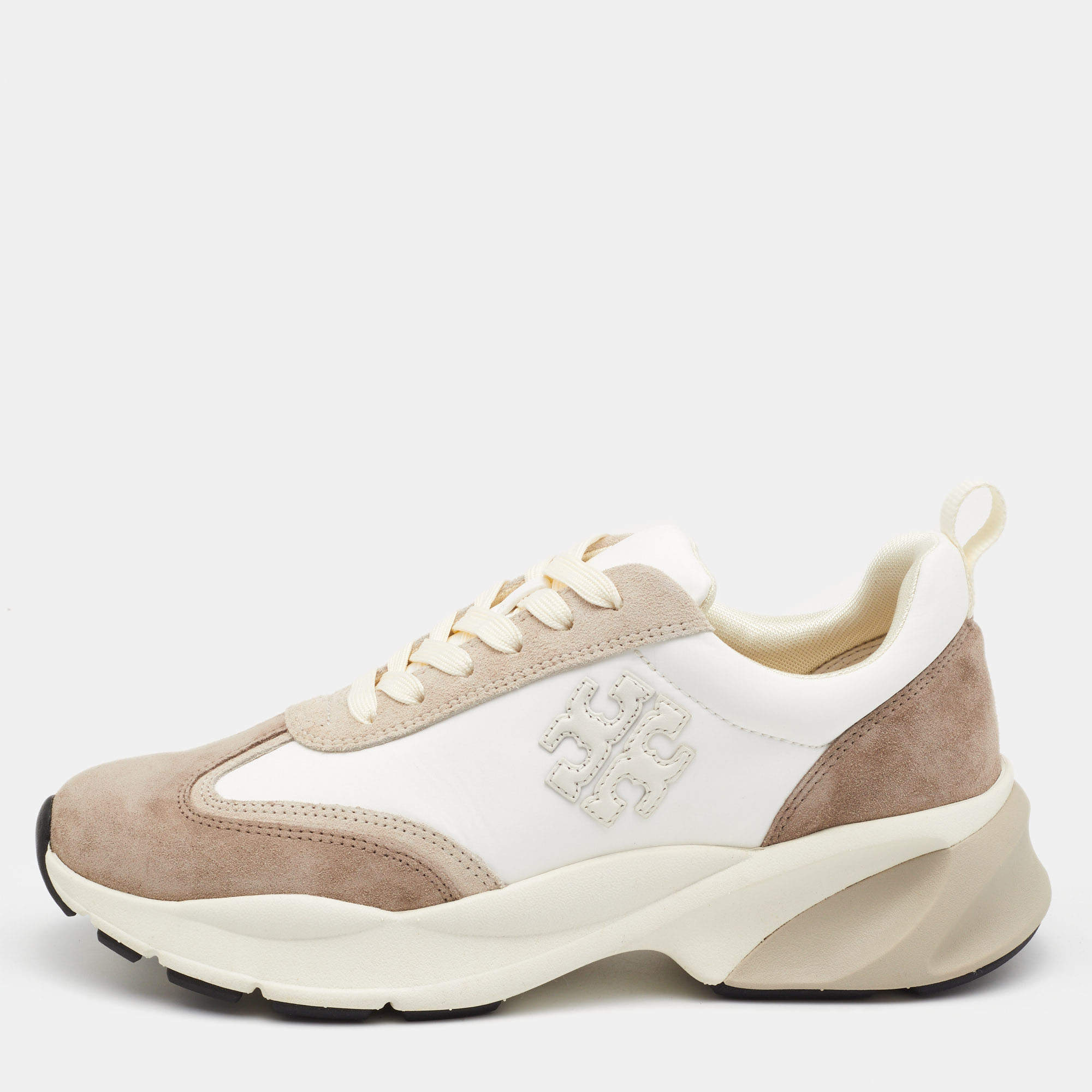 Pre Owned Tory Burch White/Brown Suede and Leather Good Luck Low Top Sneakers Size 40.5