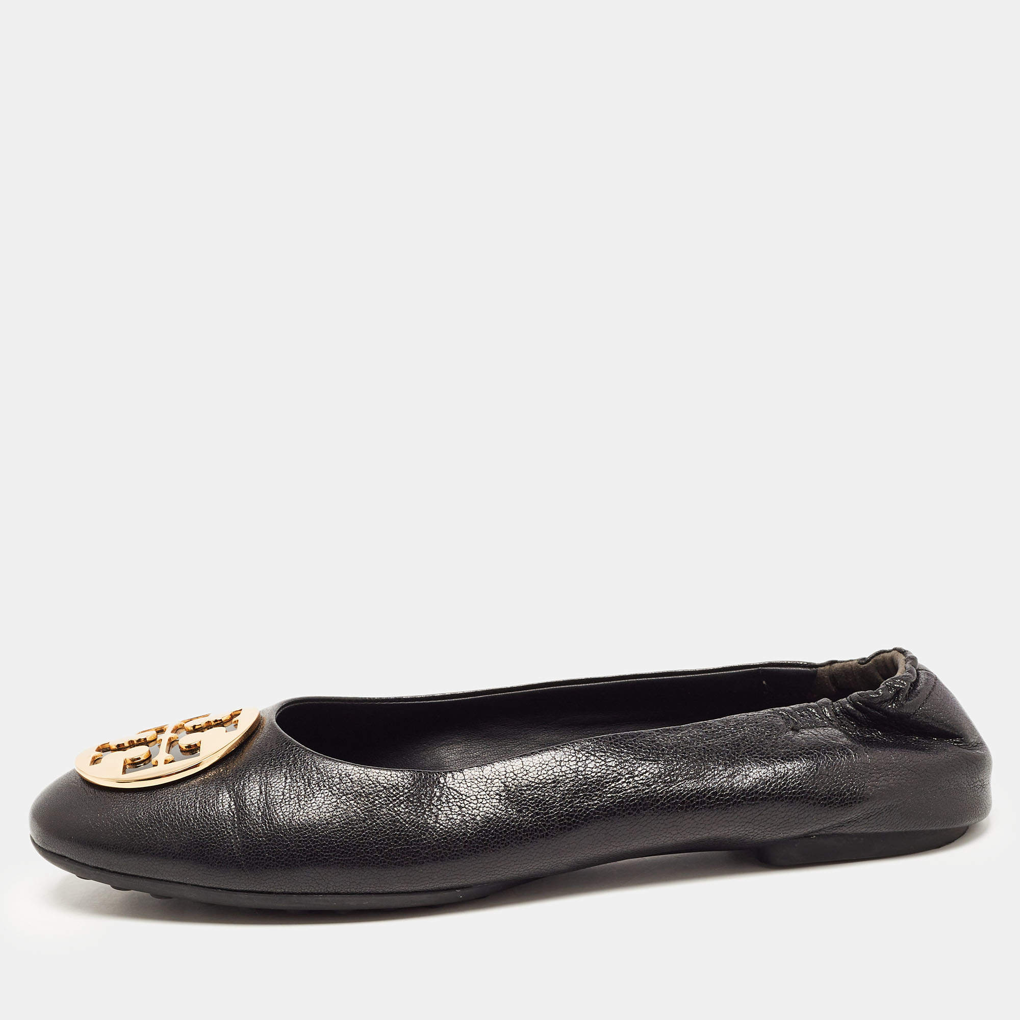 Pre Owned Tory Burch Black Leather Minnie Ballet Flats Size 40